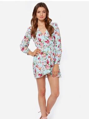 Honey Punch Floral Print Long Sleeve Faux Wrap Dress in Light Blue